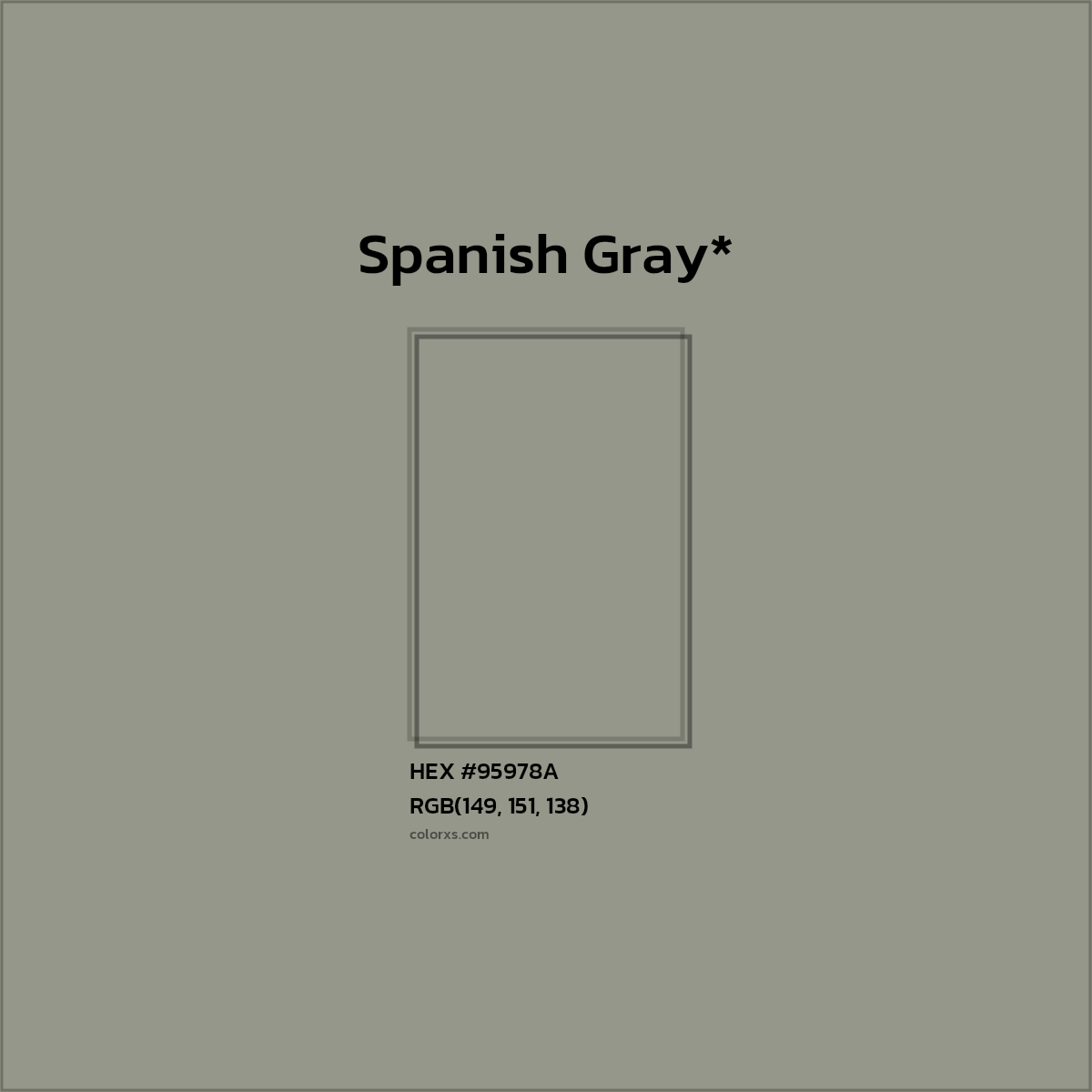 #95978A hex color. RGB, RYB, CMYK, HSL, HSV codes and color conversions. Matching color names, palettes, paints.