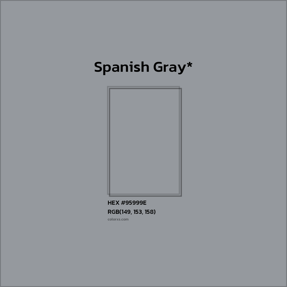 #95999E hex color. RGB, RYB, CMYK, HSL, HSV codes and color conversions. Matching color names, palettes, paints.