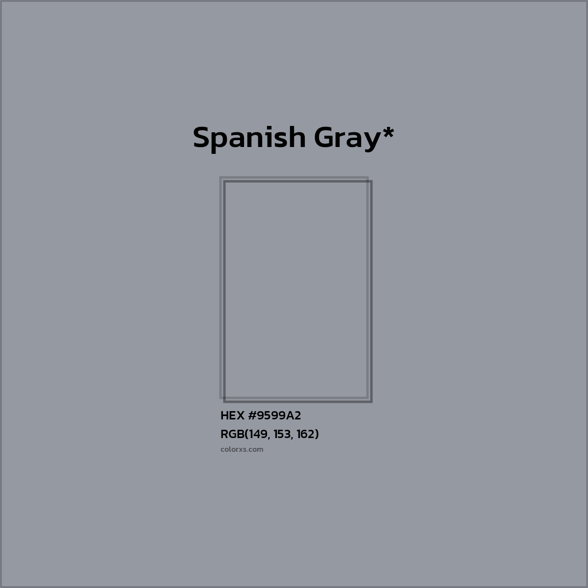 #9599A2 hex color. RGB, RYB, CMYK, HSL, HSV codes and color conversions. Matching color names, palettes, paints.