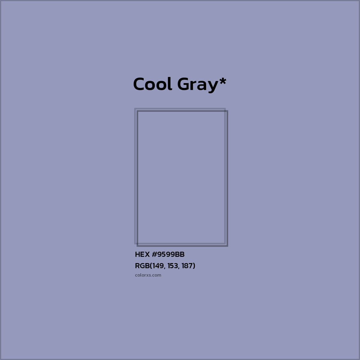 #9599BB hex color. RGB, RYB, CMYK, HSL, HSV codes and color conversions. Matching color names, palettes, paints.