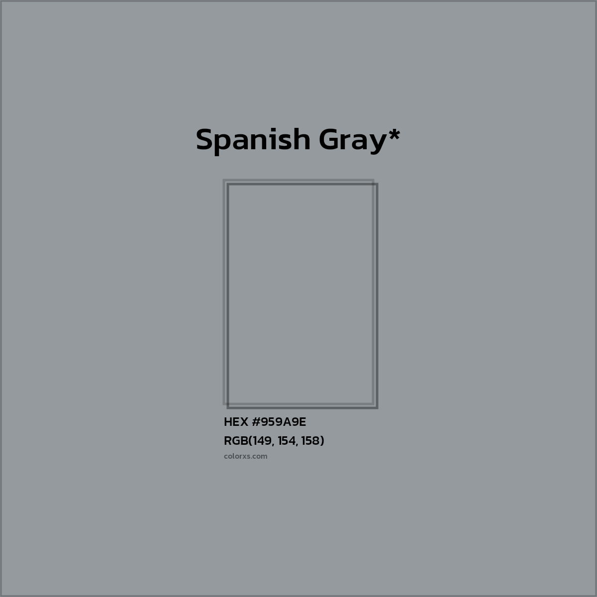 #959A9E hex color. RGB, RYB, CMYK, HSL, HSV codes and color conversions. Matching color names, palettes, paints.
