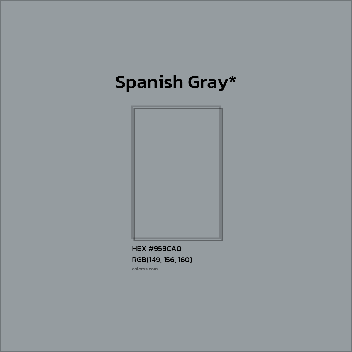 #959CA0 hex color. RGB, RYB, CMYK, HSL, HSV codes and color conversions. Matching color names, palettes, paints.