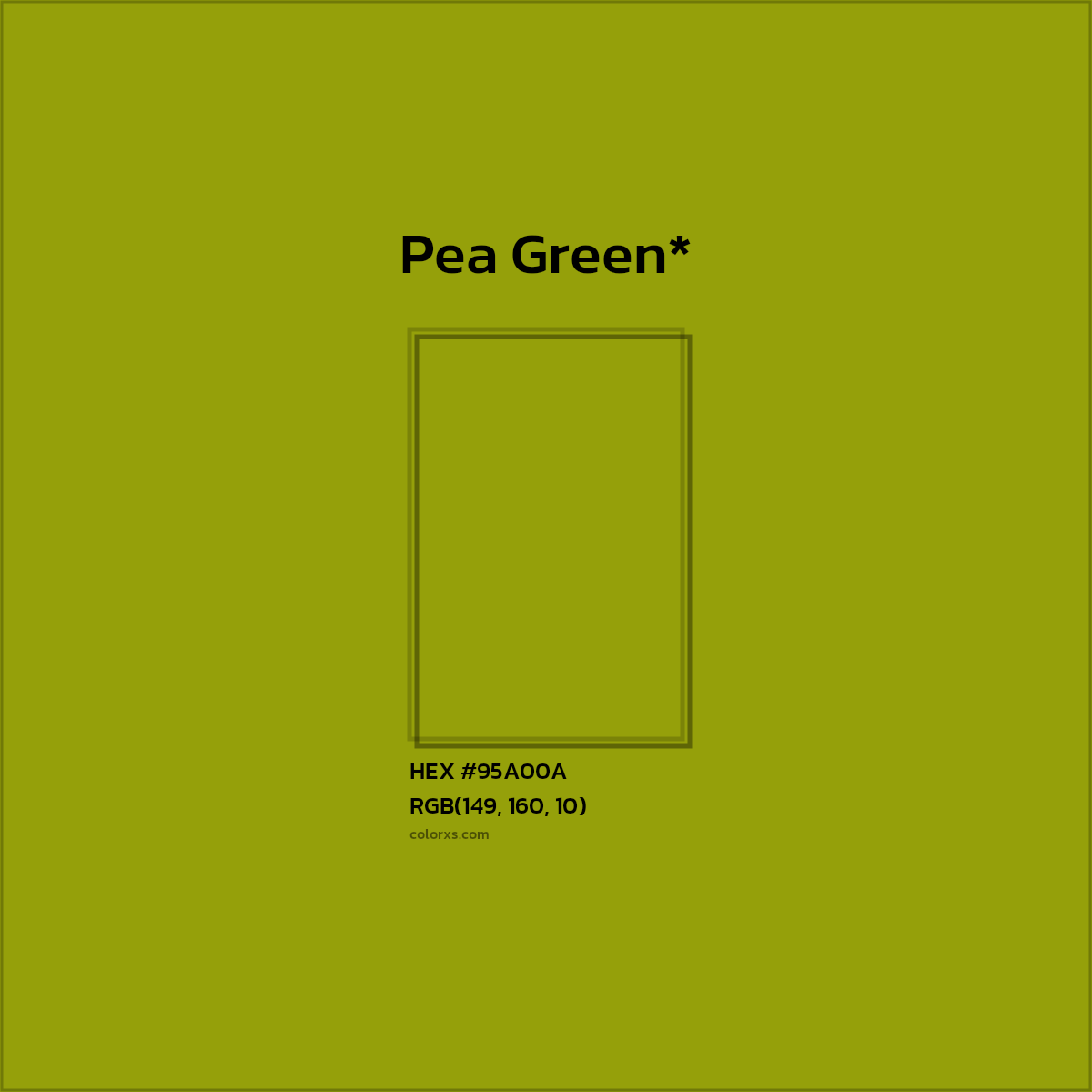 #95A00A hex color. RGB, RYB, CMYK, HSL, HSV codes and color conversions. Matching color names, palettes, paints.