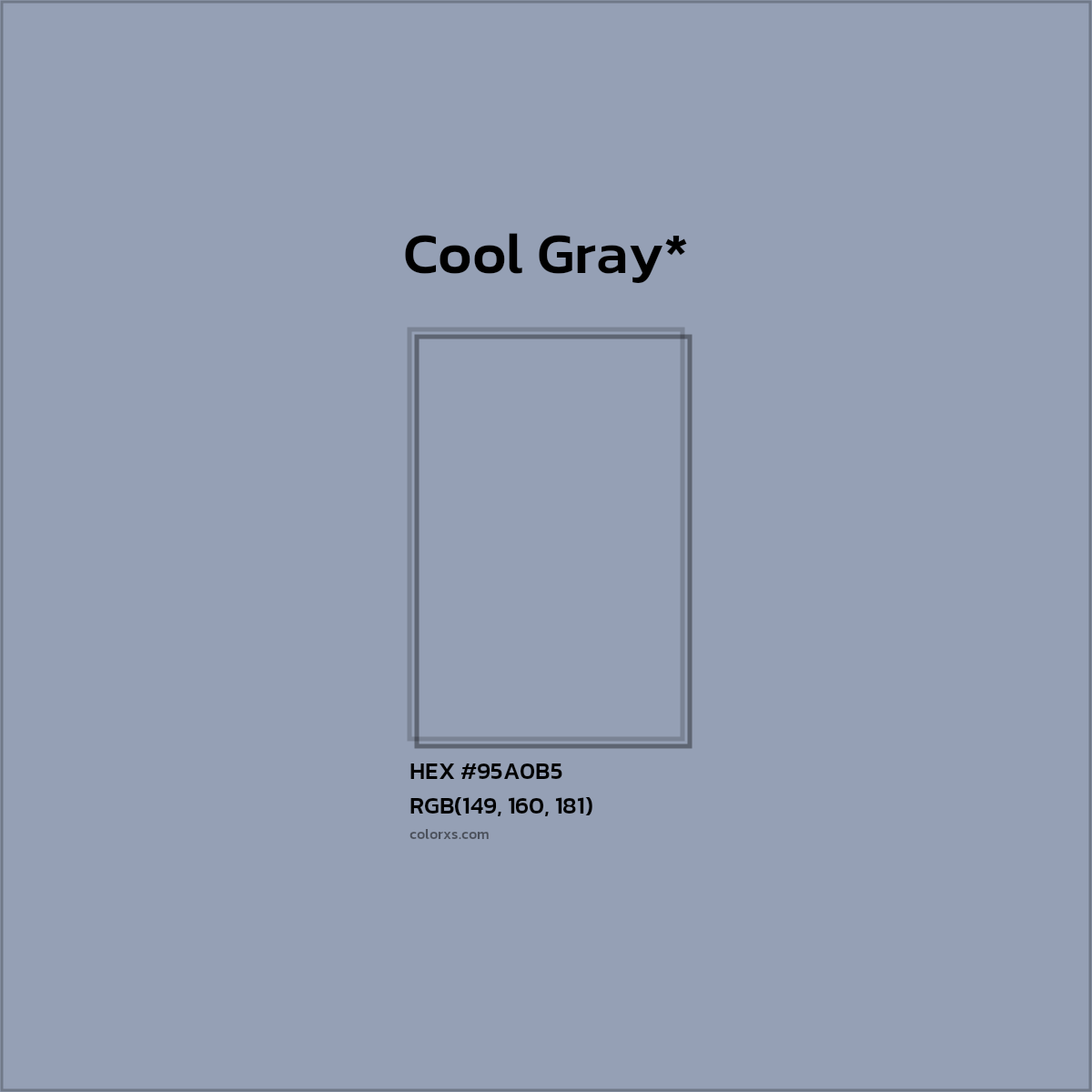 #95A0B5 hex color. RGB, RYB, CMYK, HSL, HSV codes and color conversions. Matching color names, palettes, paints.