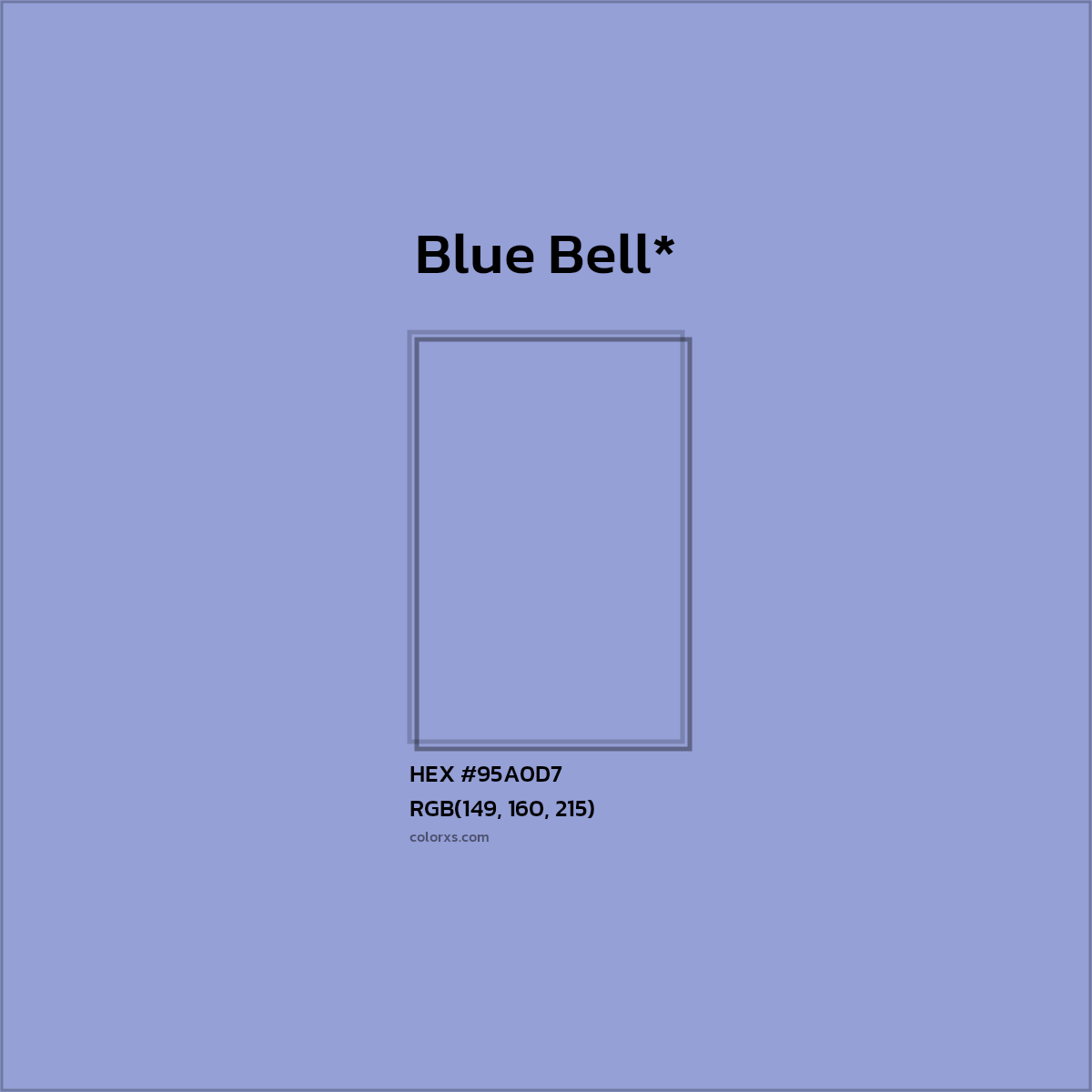 #95A0D7 hex color. RGB, RYB, CMYK, HSL, HSV codes and color conversions. Matching color names, palettes, paints.