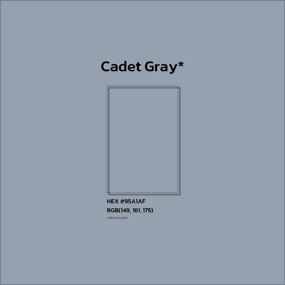#95A1AF hex color. RGB, RYB, CMYK, HSL, HSV codes and color conversions. Matching color names, palettes, paints.