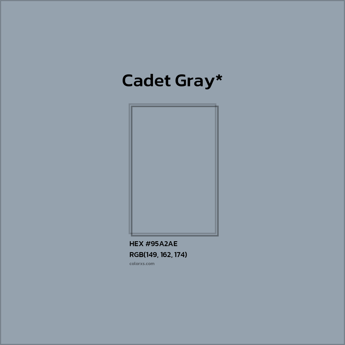 #95A2AE hex color. RGB, RYB, CMYK, HSL, HSV codes and color conversions. Matching color names, palettes, paints.