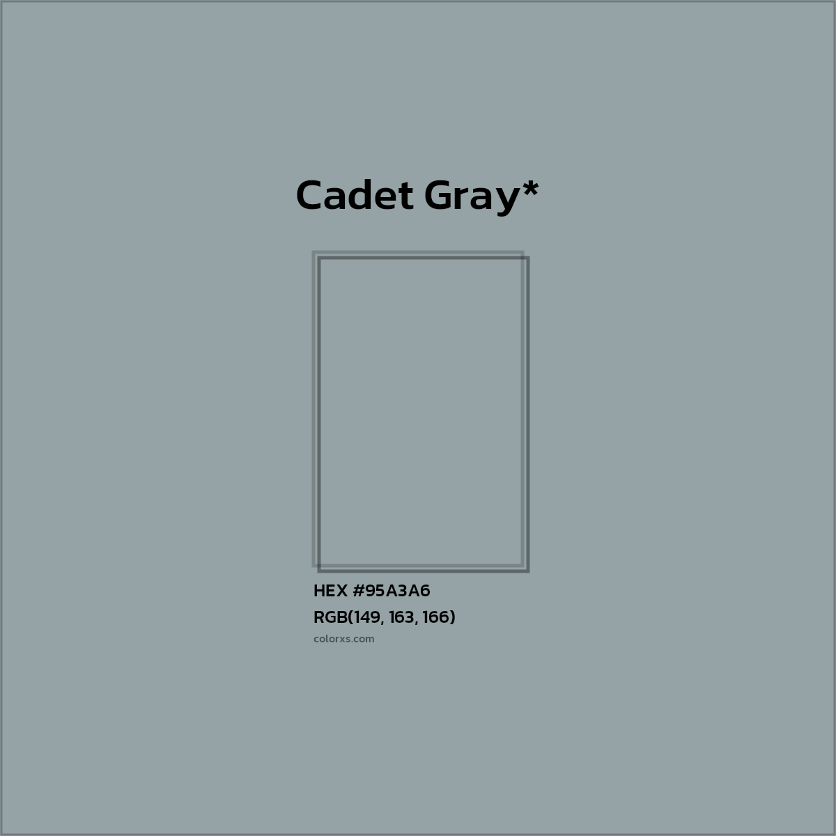 #95A3A6 hex color. RGB, RYB, CMYK, HSL, HSV codes and color conversions. Matching color names, palettes, paints.