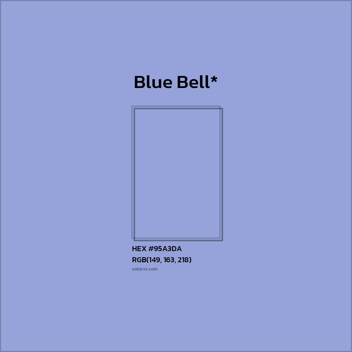 #95A3DA hex color. RGB, RYB, CMYK, HSL, HSV codes and color conversions. Matching color names, palettes, paints.