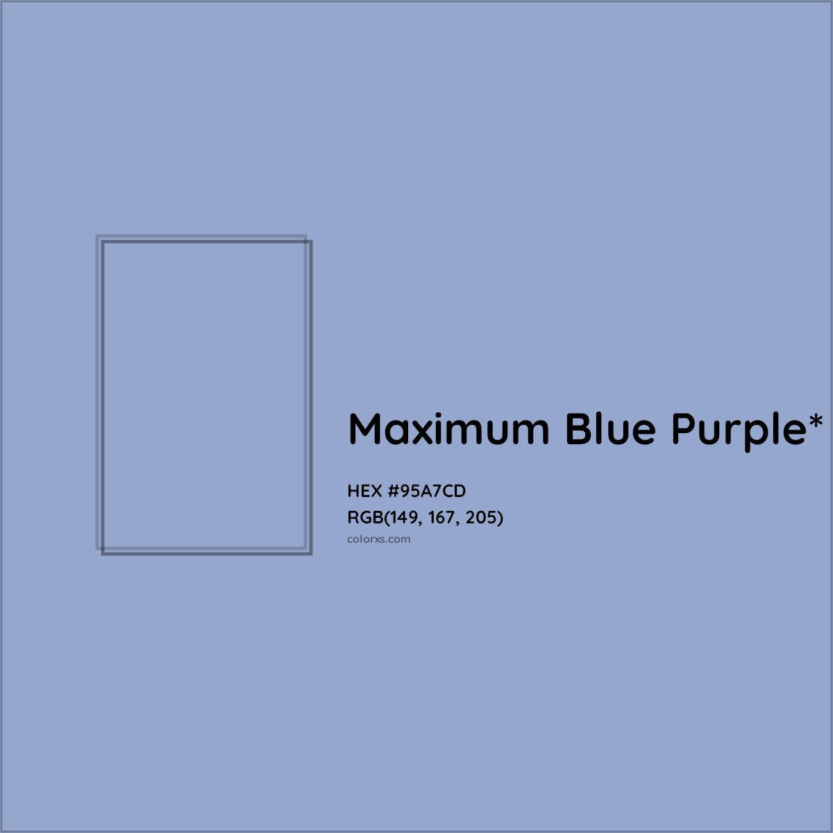 #95A7CD hex color. RGB, RYB, CMYK, HSL, HSV codes and color conversions. Matching color names, palettes, paints.