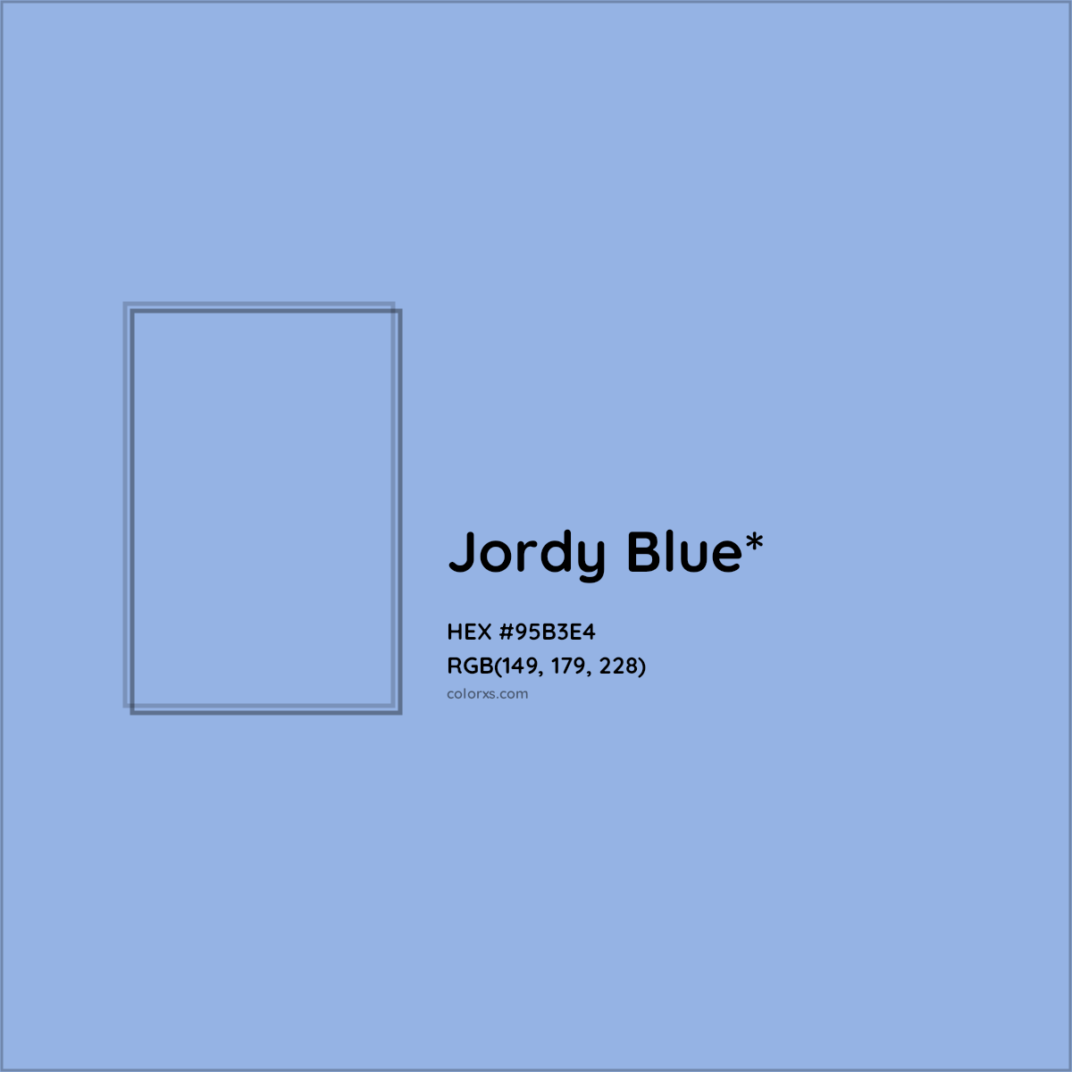 #95B3E4 hex color. RGB, RYB, CMYK, HSL, HSV codes and color conversions. Matching color names, palettes, paints.