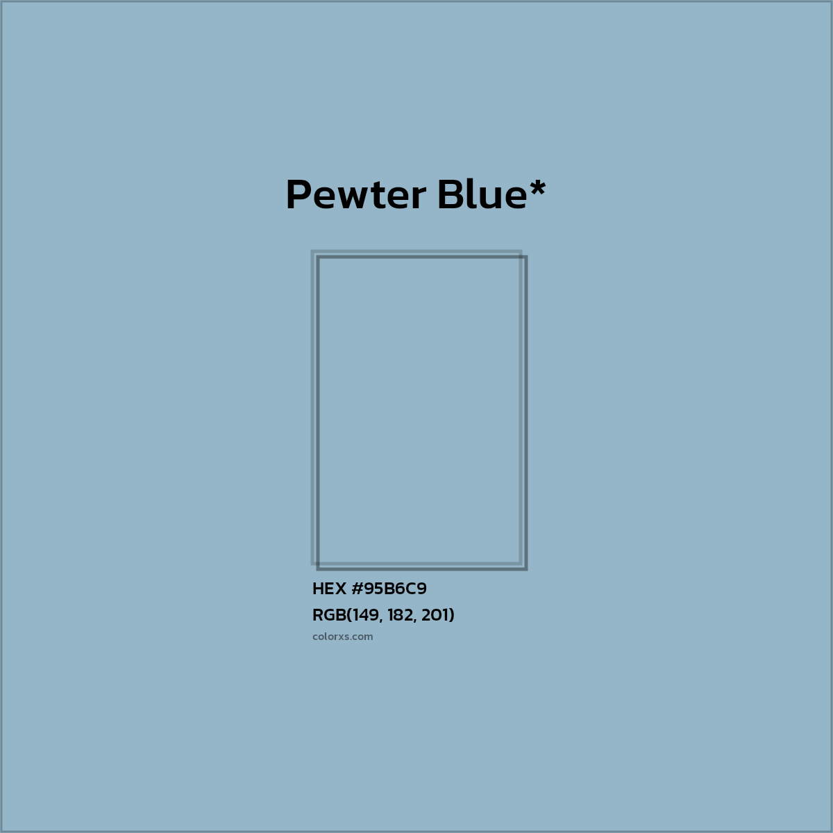 #95B6C9 hex color. RGB, RYB, CMYK, HSL, HSV codes and color conversions. Matching color names, palettes, paints.