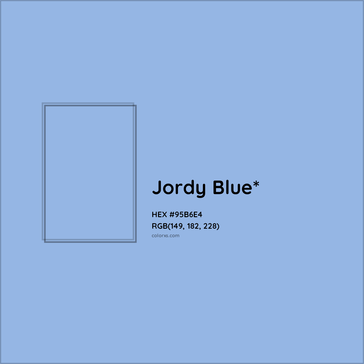 #95B6E4 hex color. RGB, RYB, CMYK, HSL, HSV codes and color conversions. Matching color names, palettes, paints.