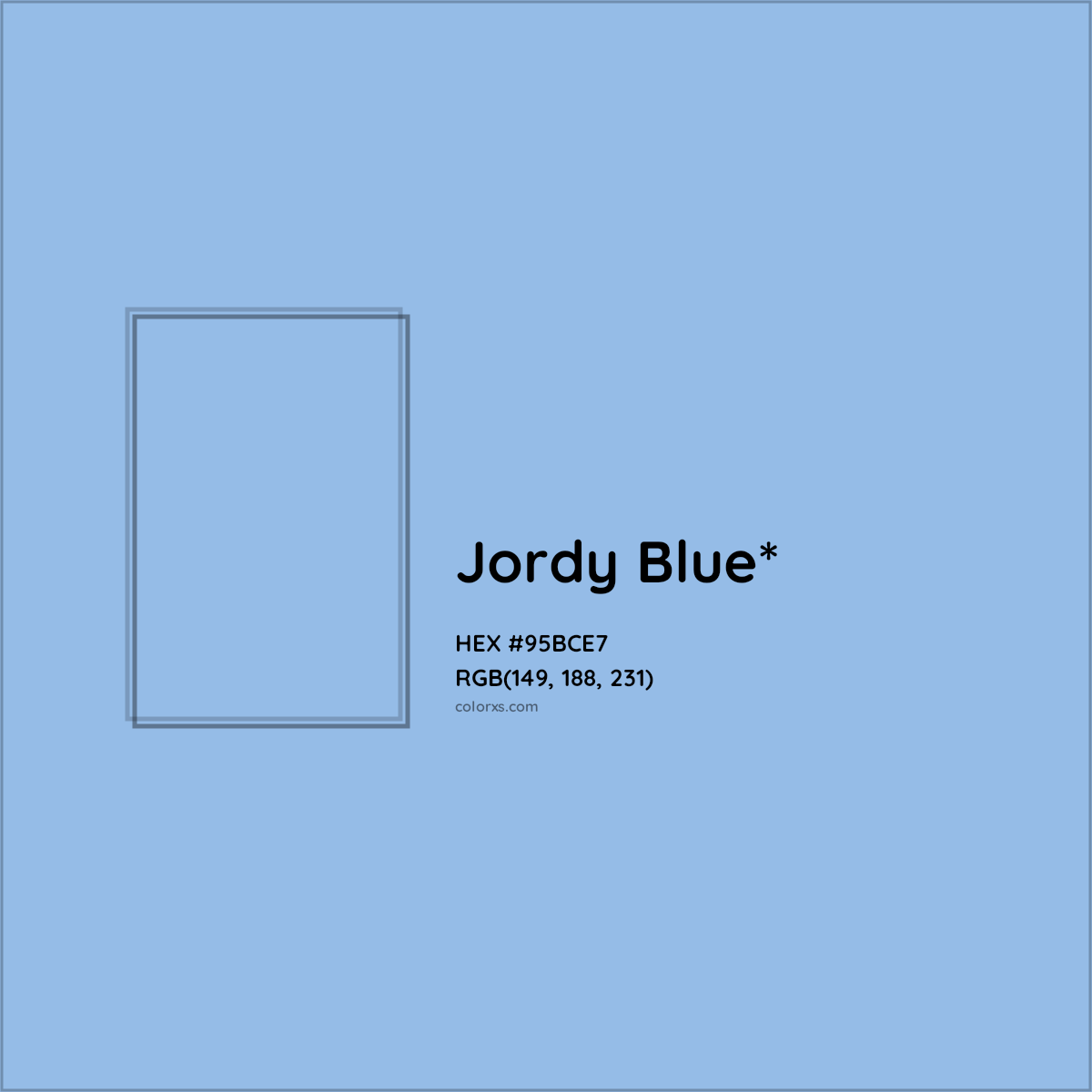 #95BCE7 hex color. RGB, RYB, CMYK, HSL, HSV codes and color conversions. Matching color names, palettes, paints.