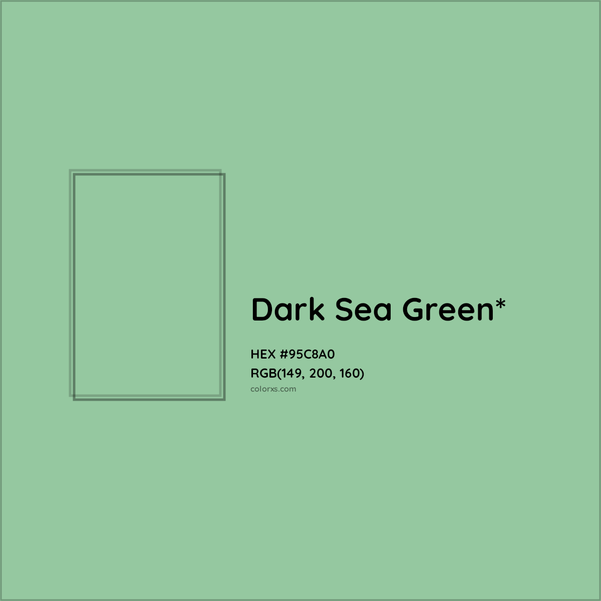 #95C8A0 hex color. RGB, RYB, CMYK, HSL, HSV codes and color conversions. Matching color names, palettes, paints.