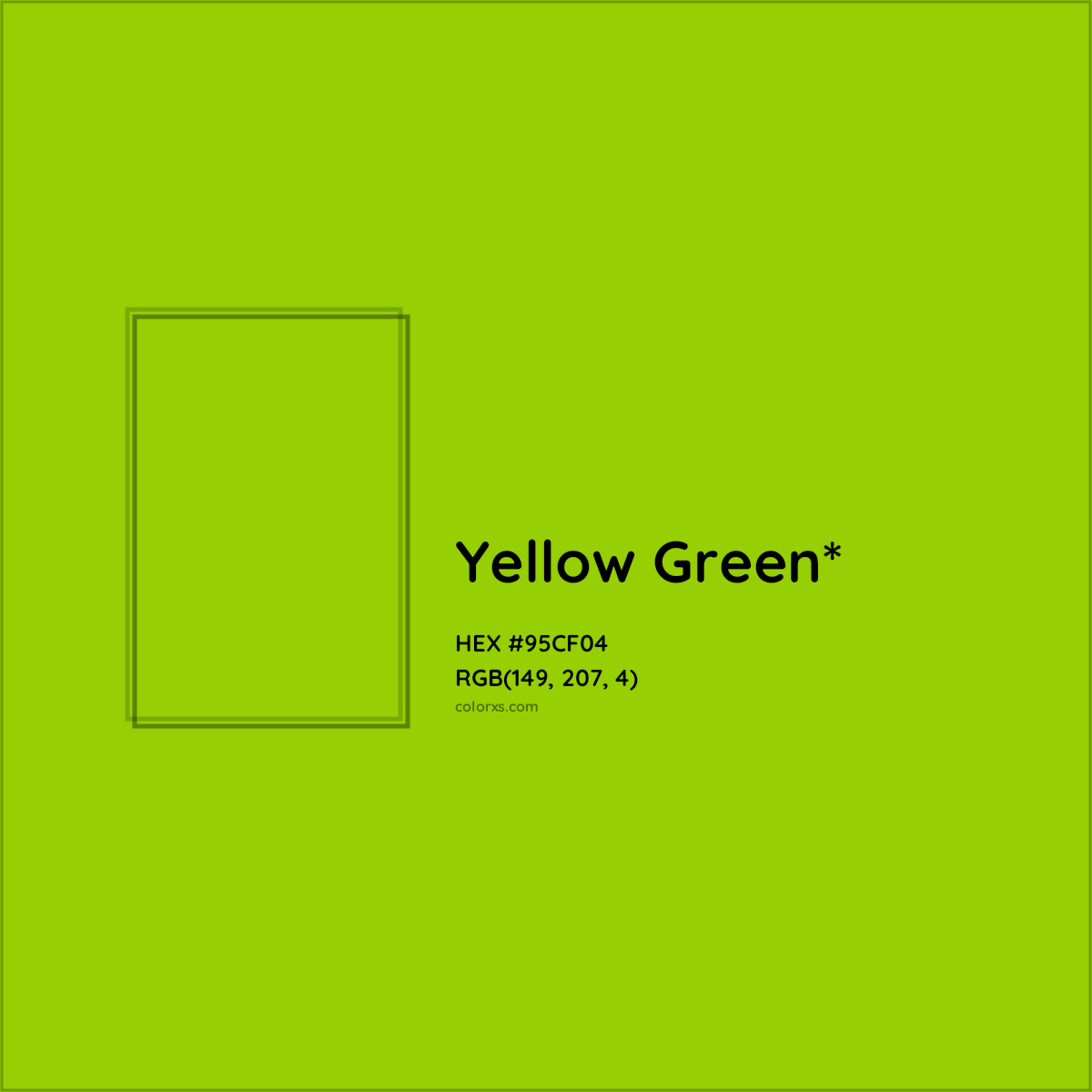 #95CF04 hex color. RGB, RYB, CMYK, HSL, HSV codes and color conversions. Matching color names, palettes, paints.