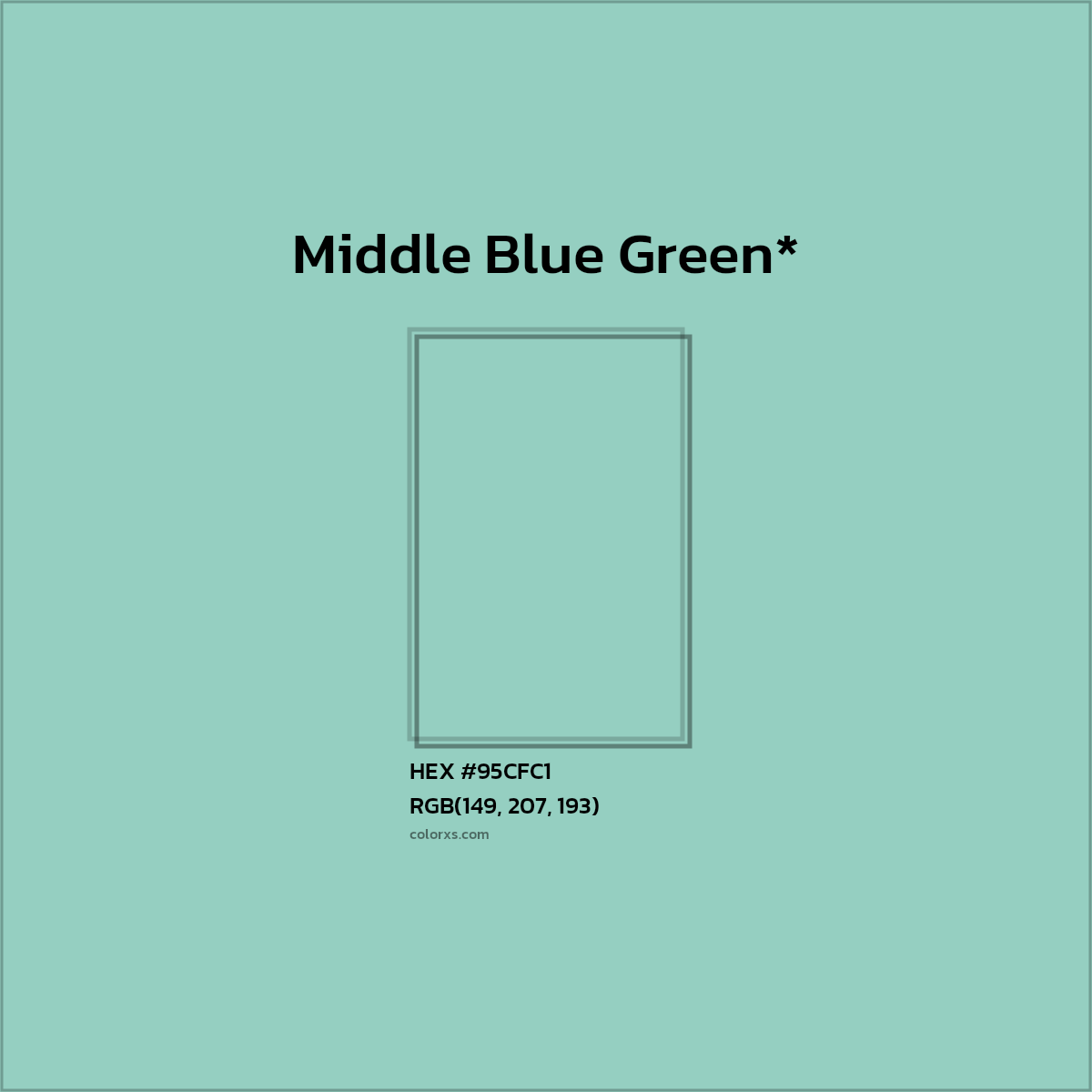 #95CFC1 hex color. RGB, RYB, CMYK, HSL, HSV codes and color conversions. Matching color names, palettes, paints.