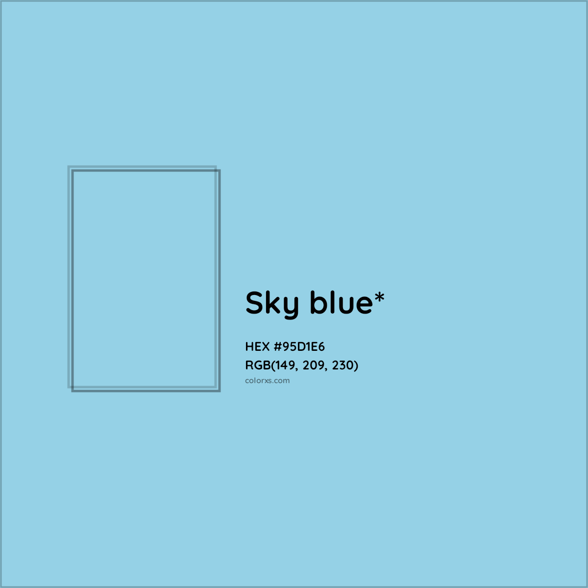 #95D1E6 hex color. RGB, RYB, CMYK, HSL, HSV codes and color conversions. Matching color names, palettes, paints.