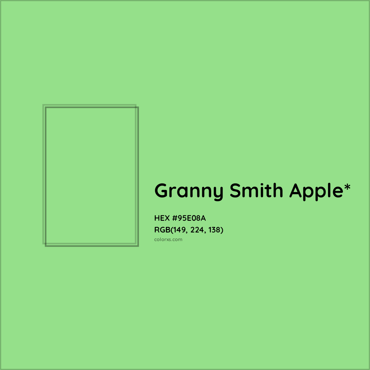 #95E08A hex color. RGB, RYB, CMYK, HSL, HSV codes and color conversions. Matching color names, palettes, paints.