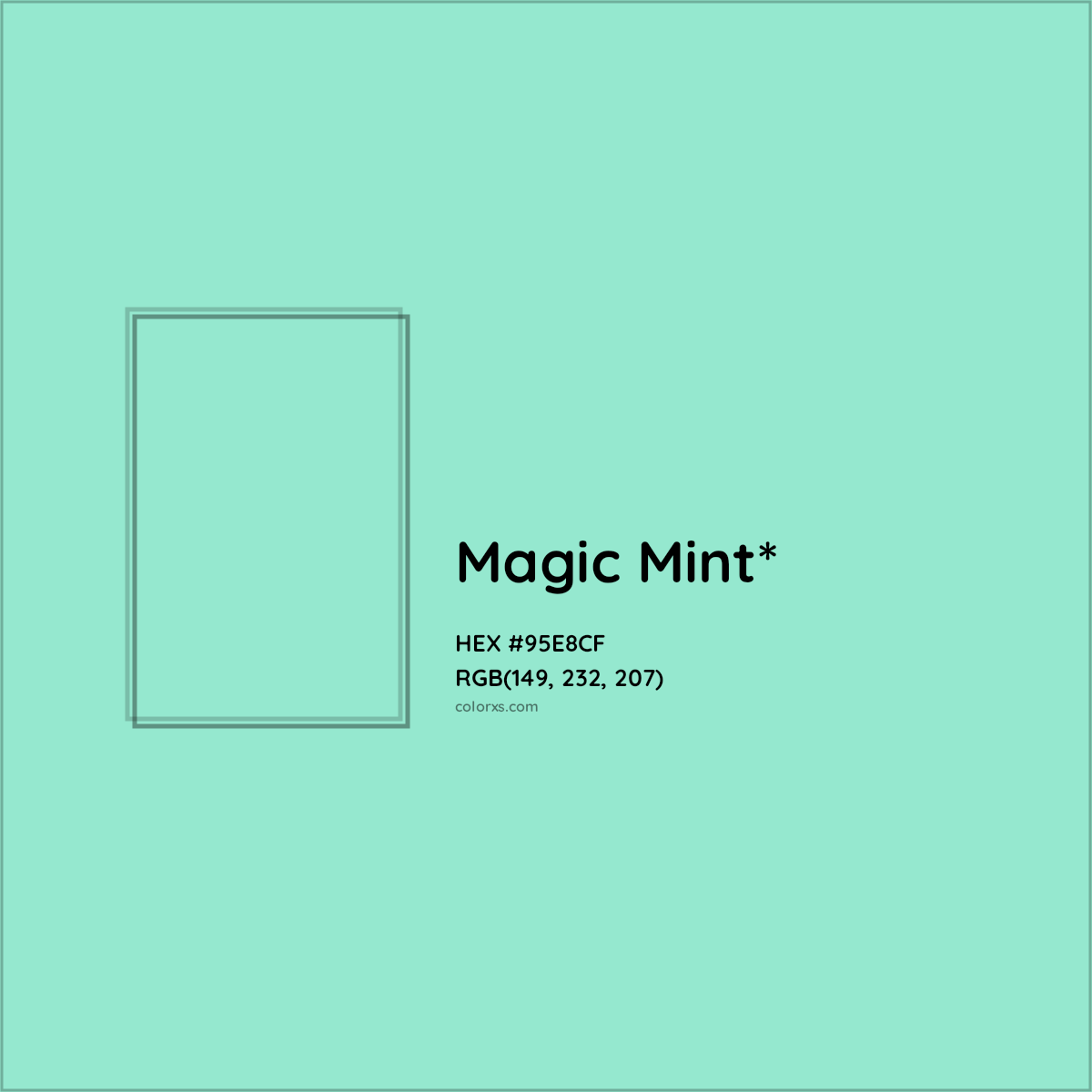 #95E8CF hex color. RGB, RYB, CMYK, HSL, HSV codes and color conversions. Matching color names, palettes, paints.