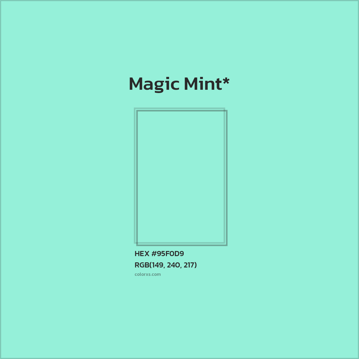 #95F0D9 hex color. RGB, RYB, CMYK, HSL, HSV codes and color conversions. Matching color names, palettes, paints.