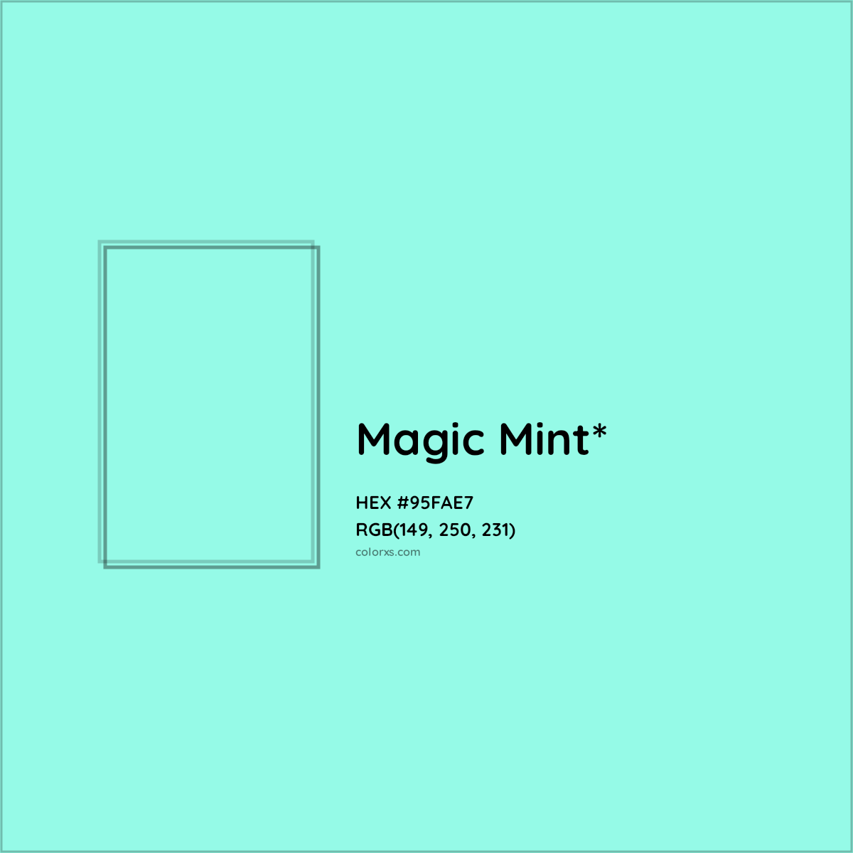 #95FAE7 hex color. RGB, RYB, CMYK, HSL, HSV codes and color conversions. Matching color names, palettes, paints.