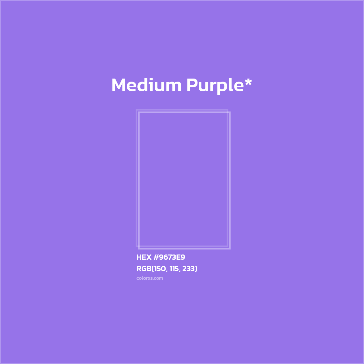 #9673E9 hex color. RGB, RYB, CMYK, HSL, HSV codes and color conversions. Matching color names, palettes, paints.