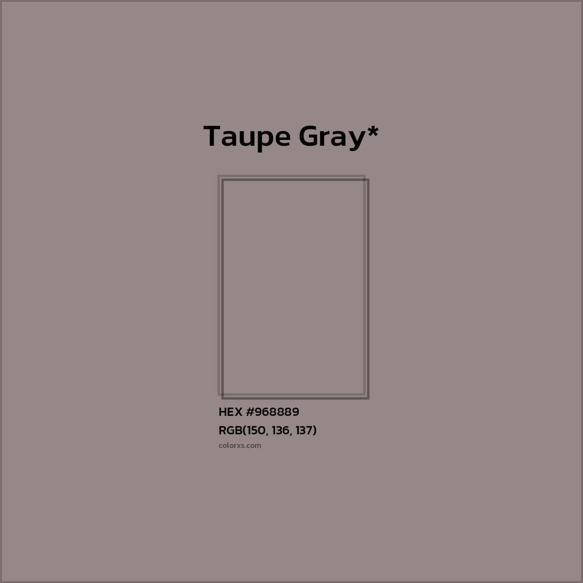 #968889 hex color. RGB, RYB, CMYK, HSL, HSV codes and color conversions. Matching color names, palettes, paints.