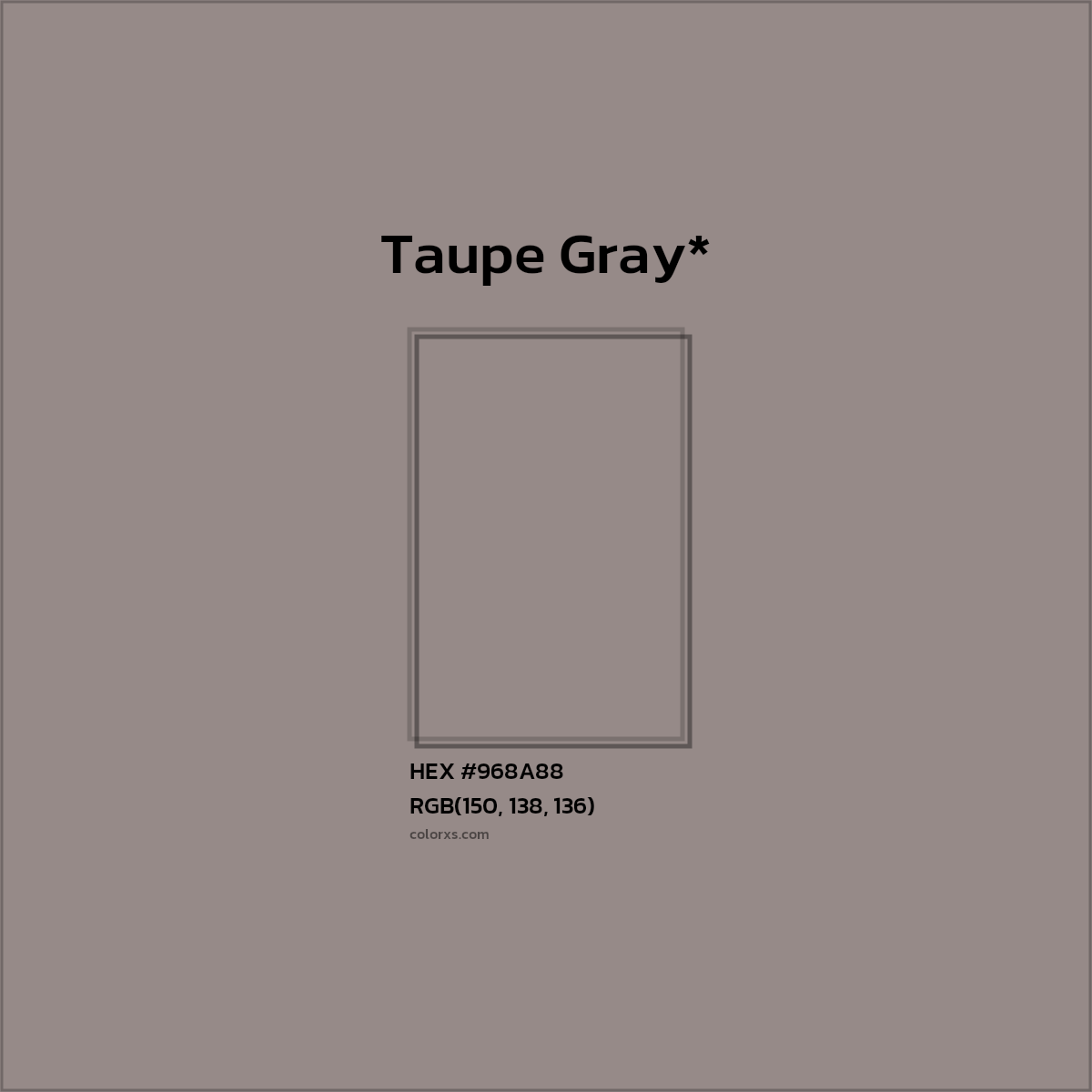 #968A88 hex color. RGB, RYB, CMYK, HSL, HSV codes and color conversions. Matching color names, palettes, paints.