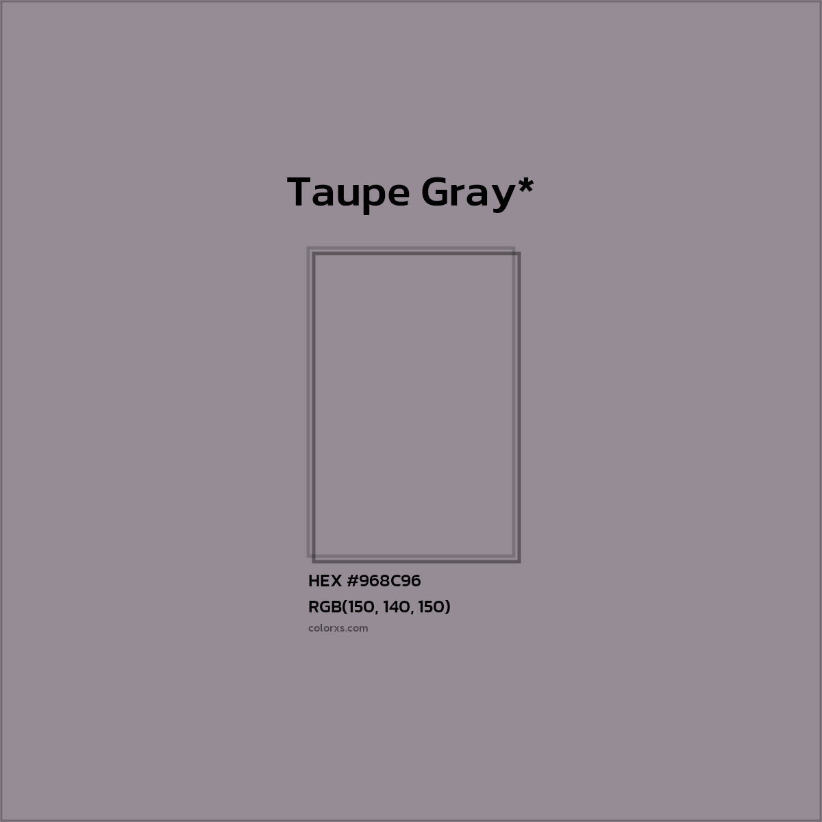 #968C96 hex color. RGB, RYB, CMYK, HSL, HSV codes and color conversions. Matching color names, palettes, paints.