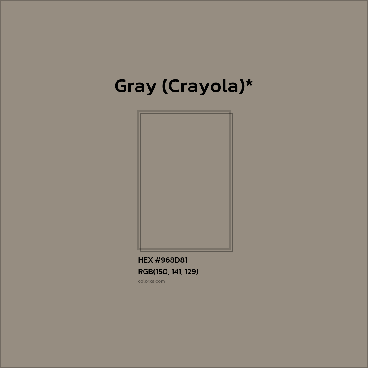 #968D81 hex color. RGB, RYB, CMYK, HSL, HSV codes and color conversions. Matching color names, palettes, paints.