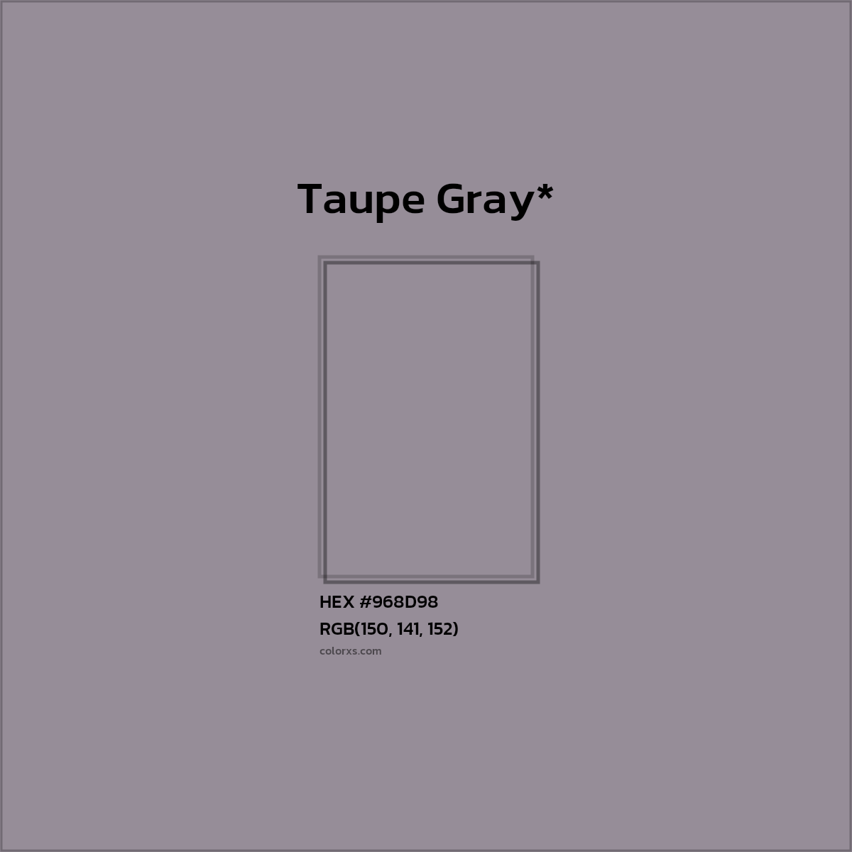#968D98 hex color. RGB, RYB, CMYK, HSL, HSV codes and color conversions. Matching color names, palettes, paints.