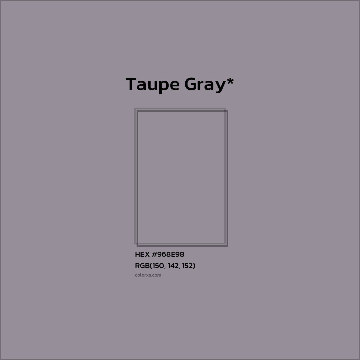 #968E98 hex color. RGB, RYB, CMYK, HSL, HSV codes and color conversions. Matching color names, palettes, paints.