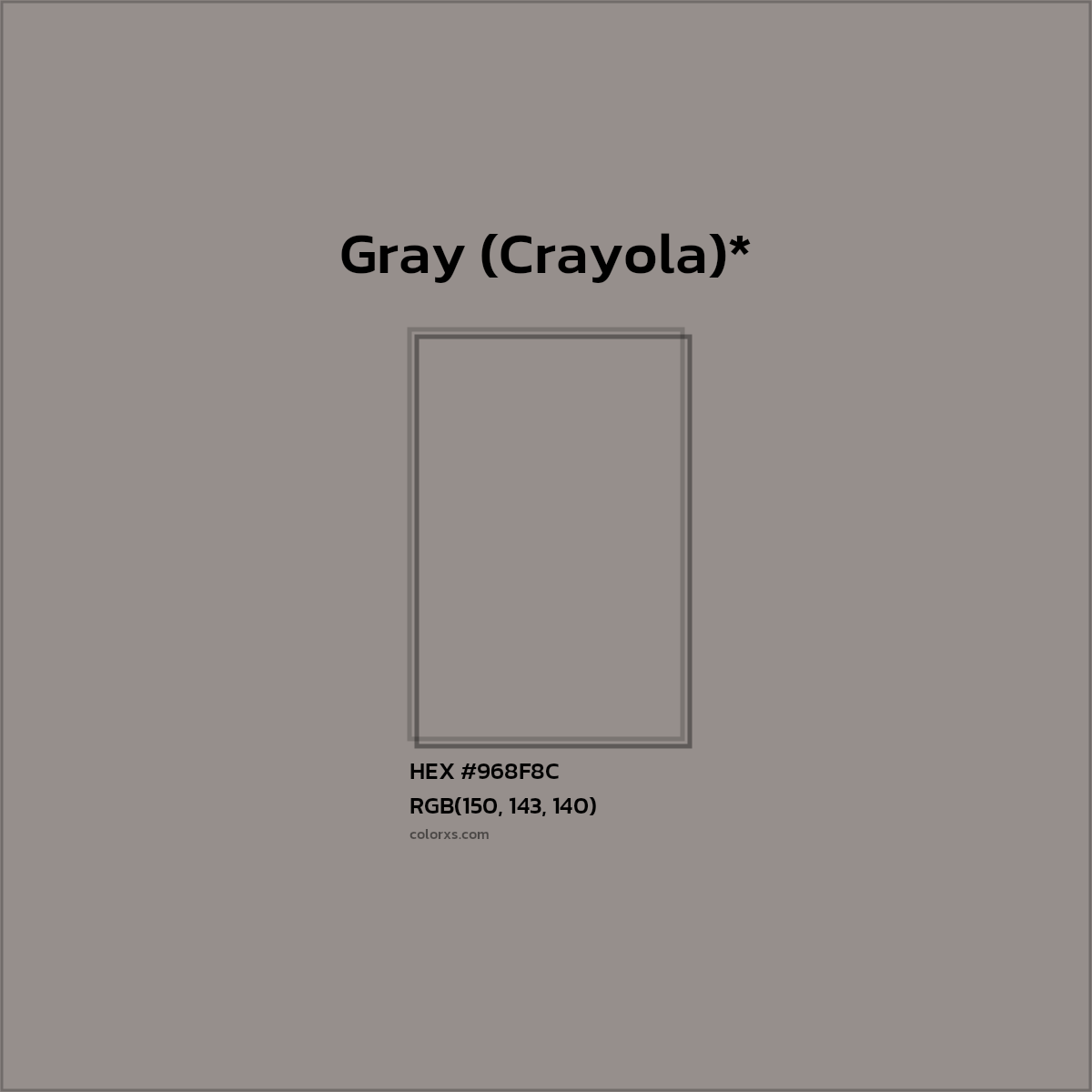 #968F8C hex color. RGB, RYB, CMYK, HSL, HSV codes and color conversions. Matching color names, palettes, paints.