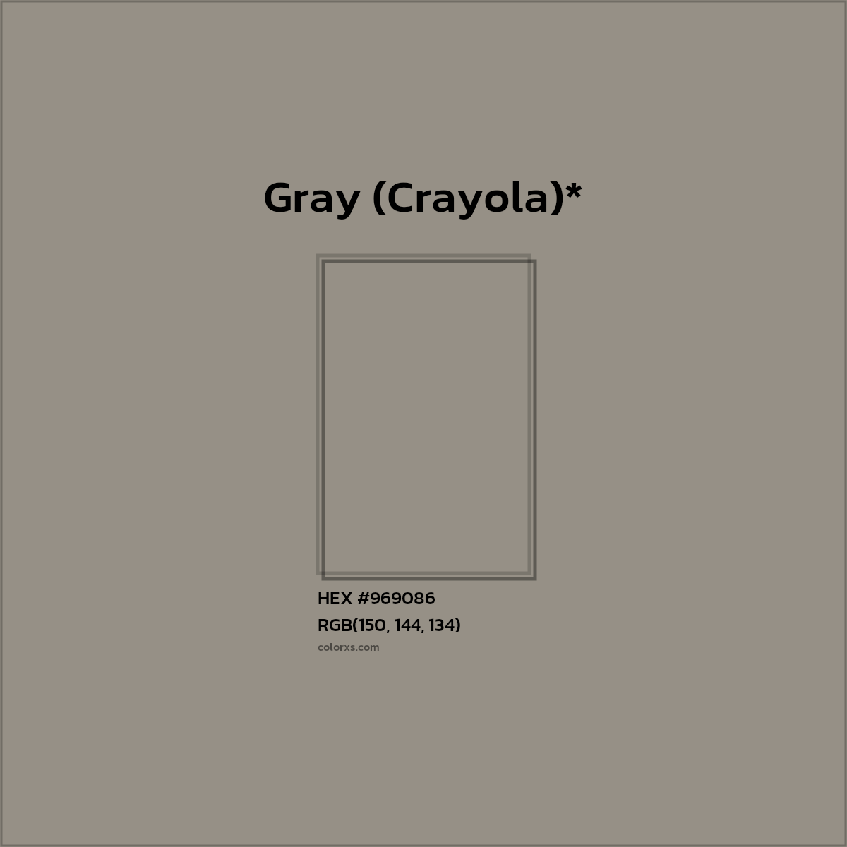 #969086 hex color. RGB, RYB, CMYK, HSL, HSV codes and color conversions. Matching color names, palettes, paints.