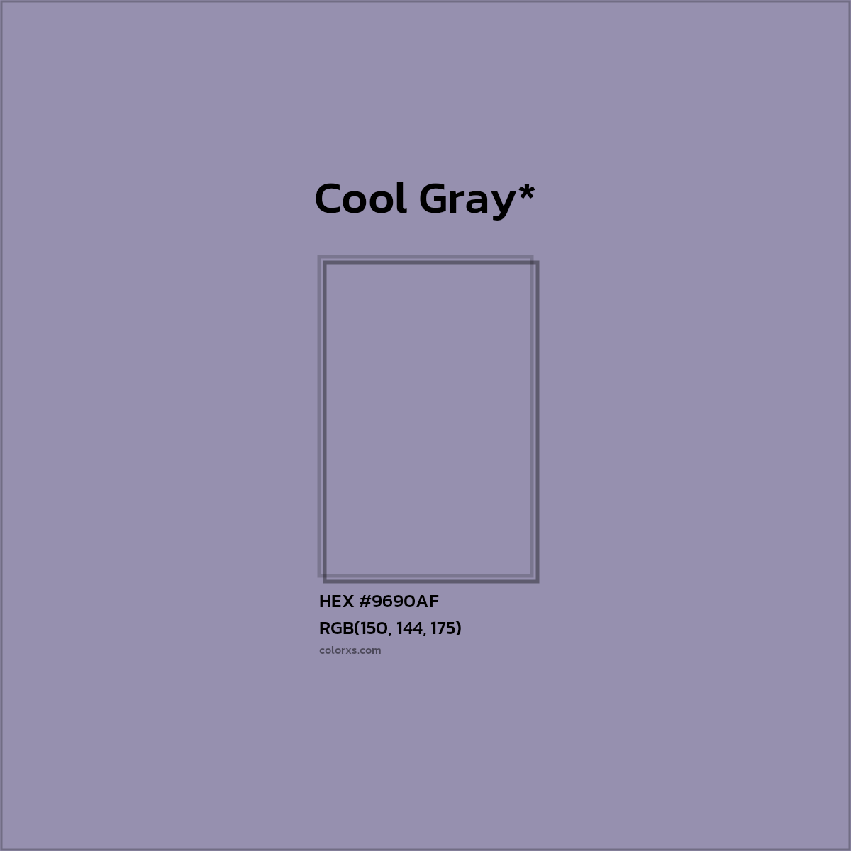 #9690AF hex color. RGB, RYB, CMYK, HSL, HSV codes and color conversions. Matching color names, palettes, paints.