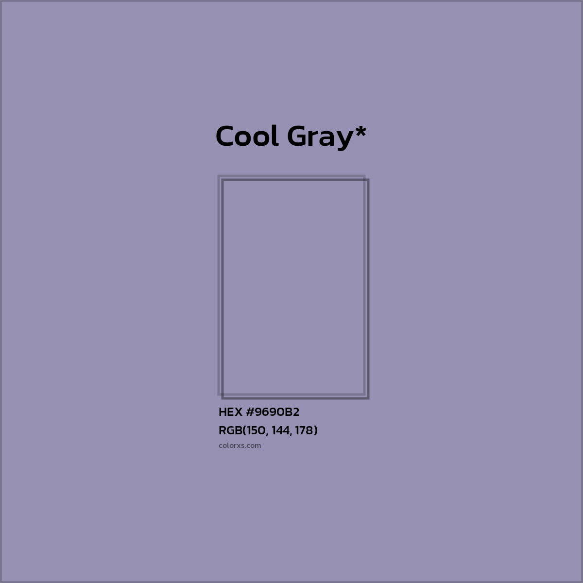 #9690B2 hex color. RGB, RYB, CMYK, HSL, HSV codes and color conversions. Matching color names, palettes, paints.