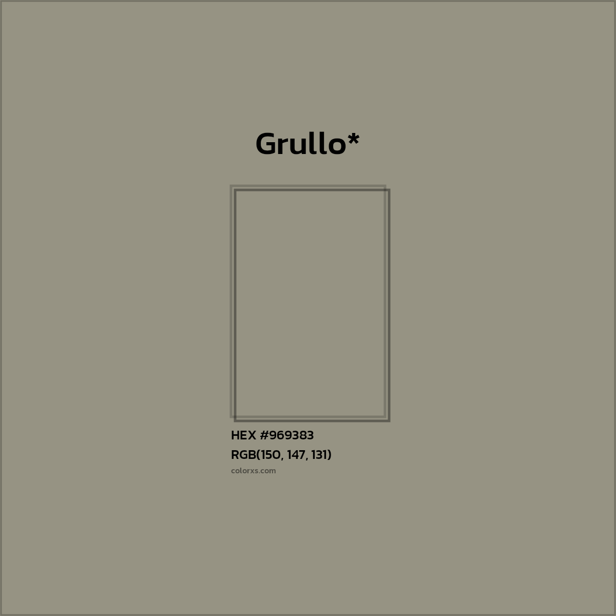 #969383 hex color. RGB, RYB, CMYK, HSL, HSV codes and color conversions. Matching color names, palettes, paints.