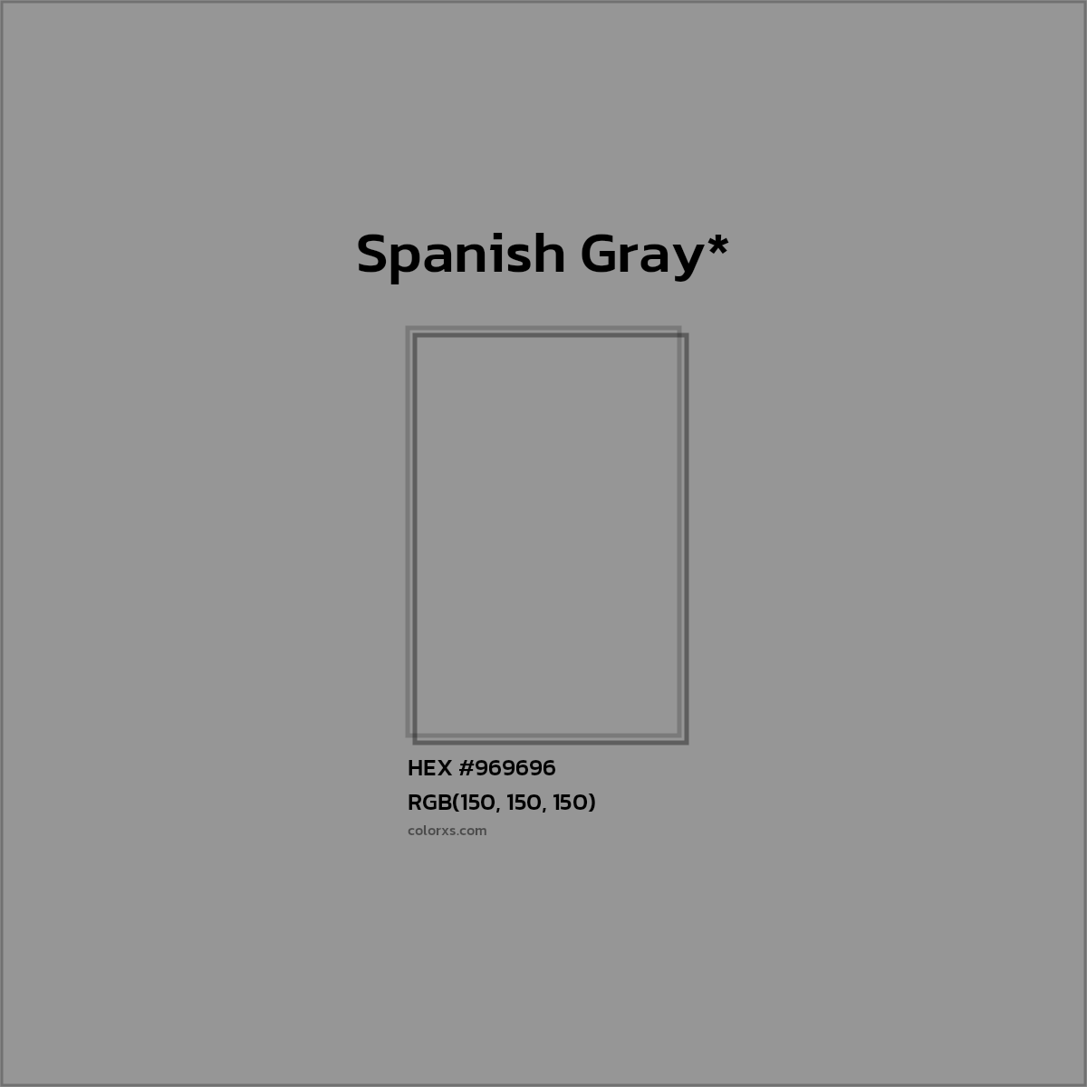 #969696 hex color. RGB, RYB, CMYK, HSL, HSV codes and color conversions. Matching color names, palettes, paints.