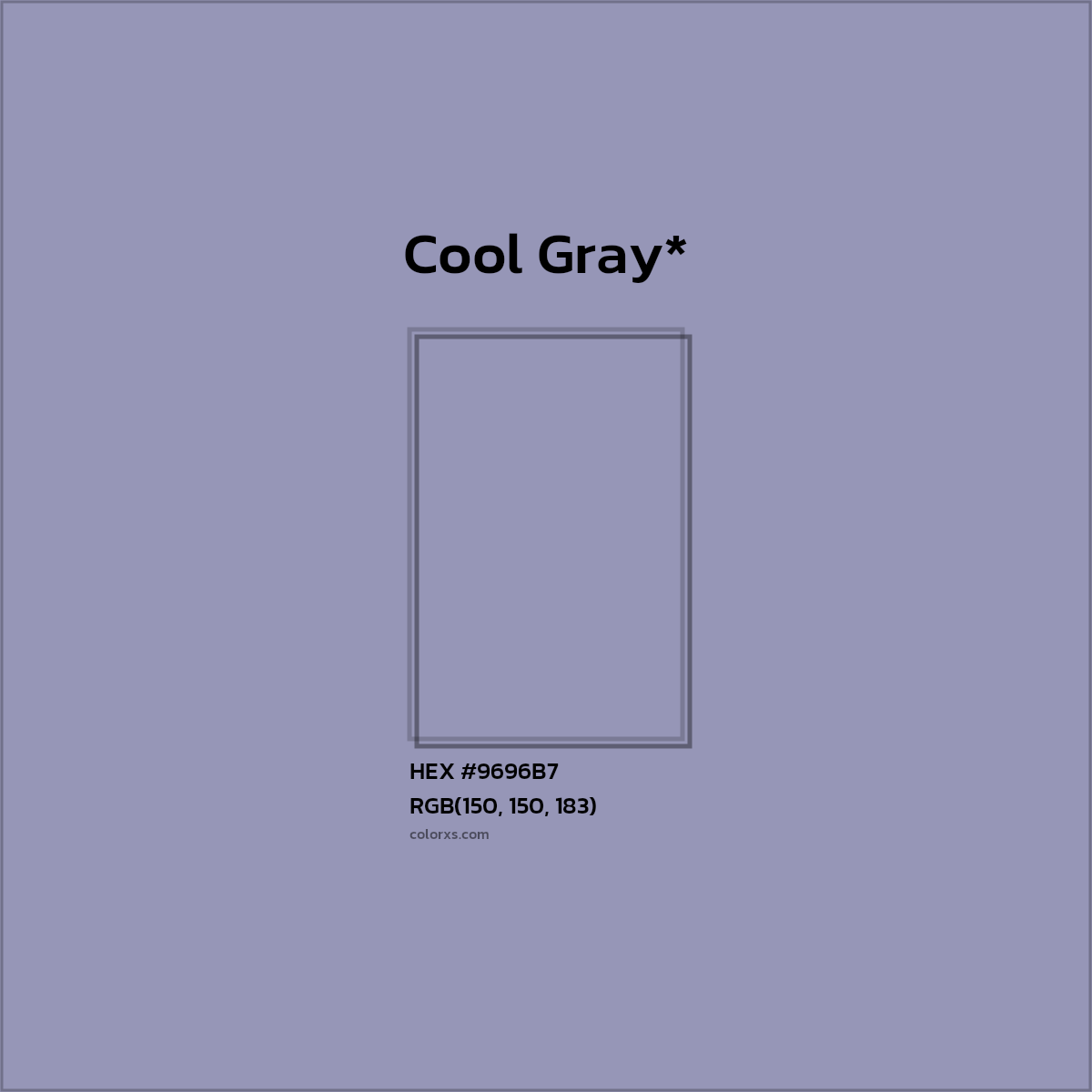 #9696B7 hex color. RGB, RYB, CMYK, HSL, HSV codes and color conversions. Matching color names, palettes, paints.
