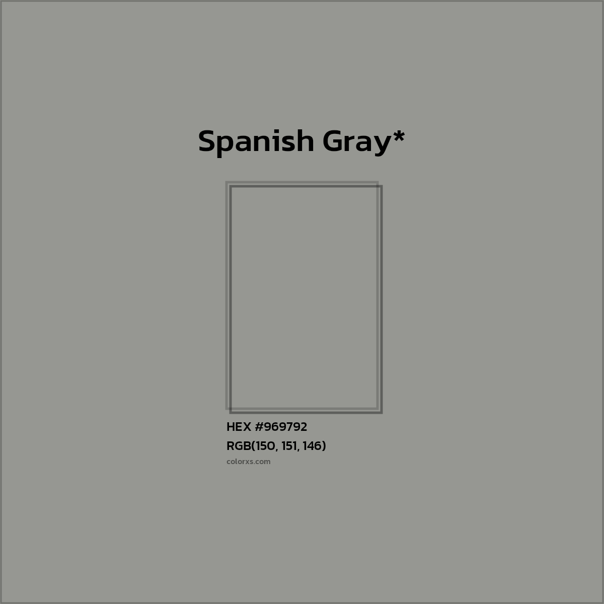 #969792 hex color. RGB, RYB, CMYK, HSL, HSV codes and color conversions. Matching color names, palettes, paints.