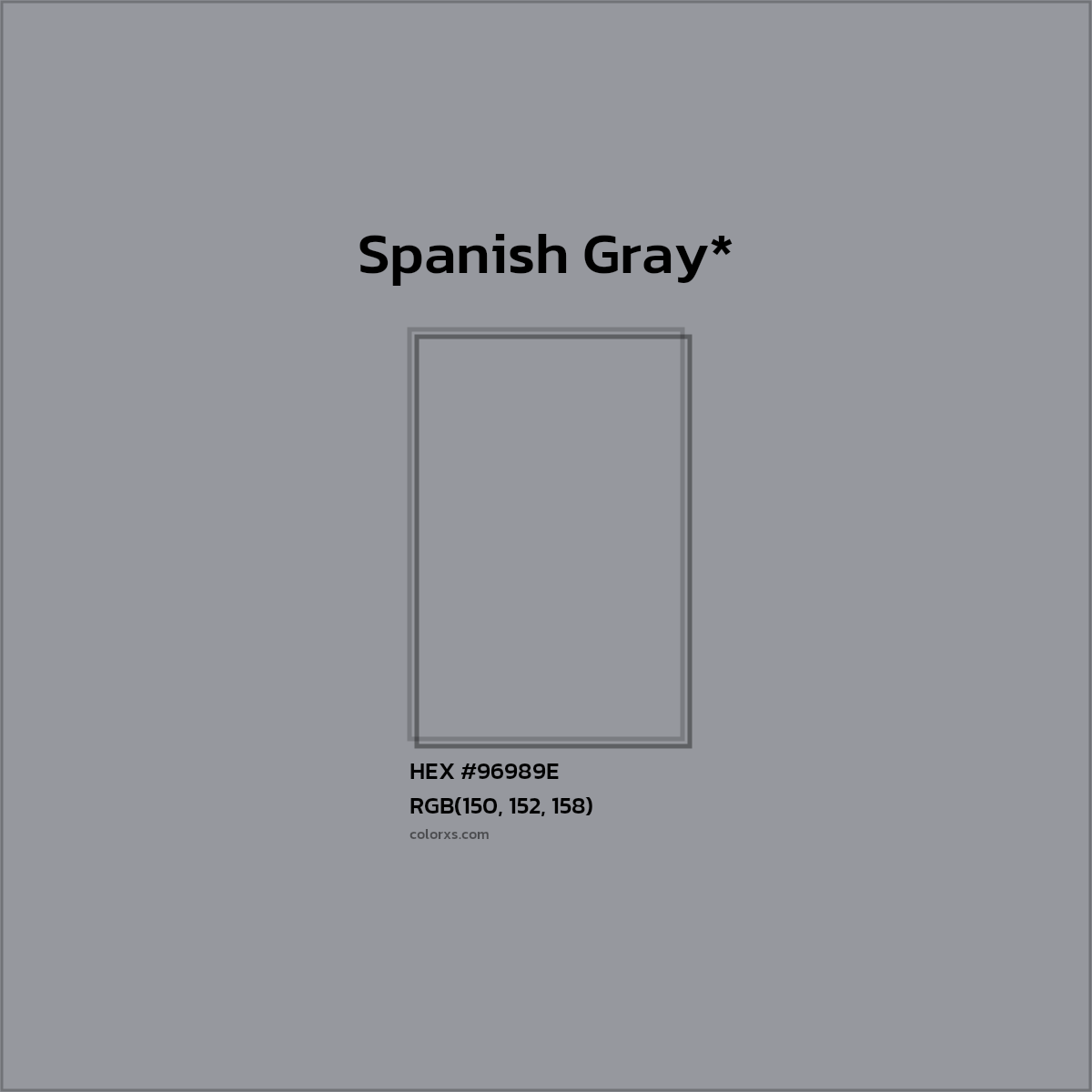 #96989E hex color. RGB, RYB, CMYK, HSL, HSV codes and color conversions. Matching color names, palettes, paints.