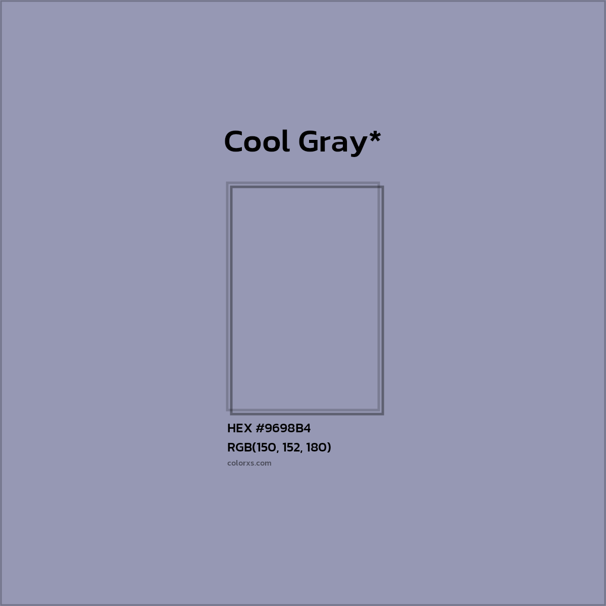 #9698B4 hex color. RGB, RYB, CMYK, HSL, HSV codes and color conversions. Matching color names, palettes, paints.