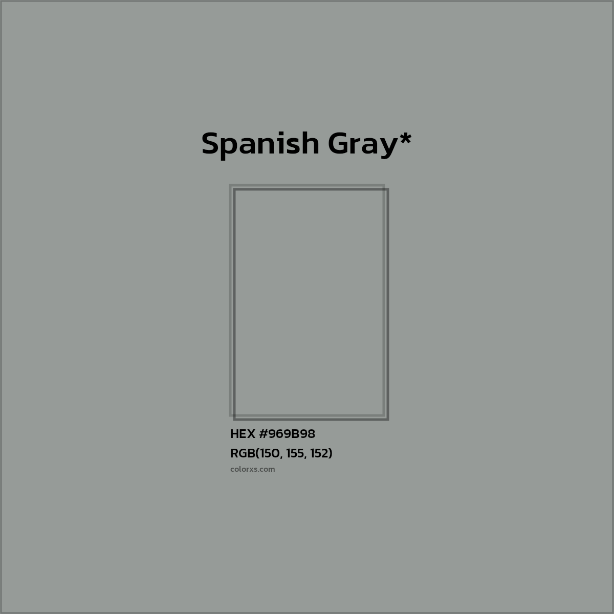 #969B98 hex color. RGB, RYB, CMYK, HSL, HSV codes and color conversions. Matching color names, palettes, paints.