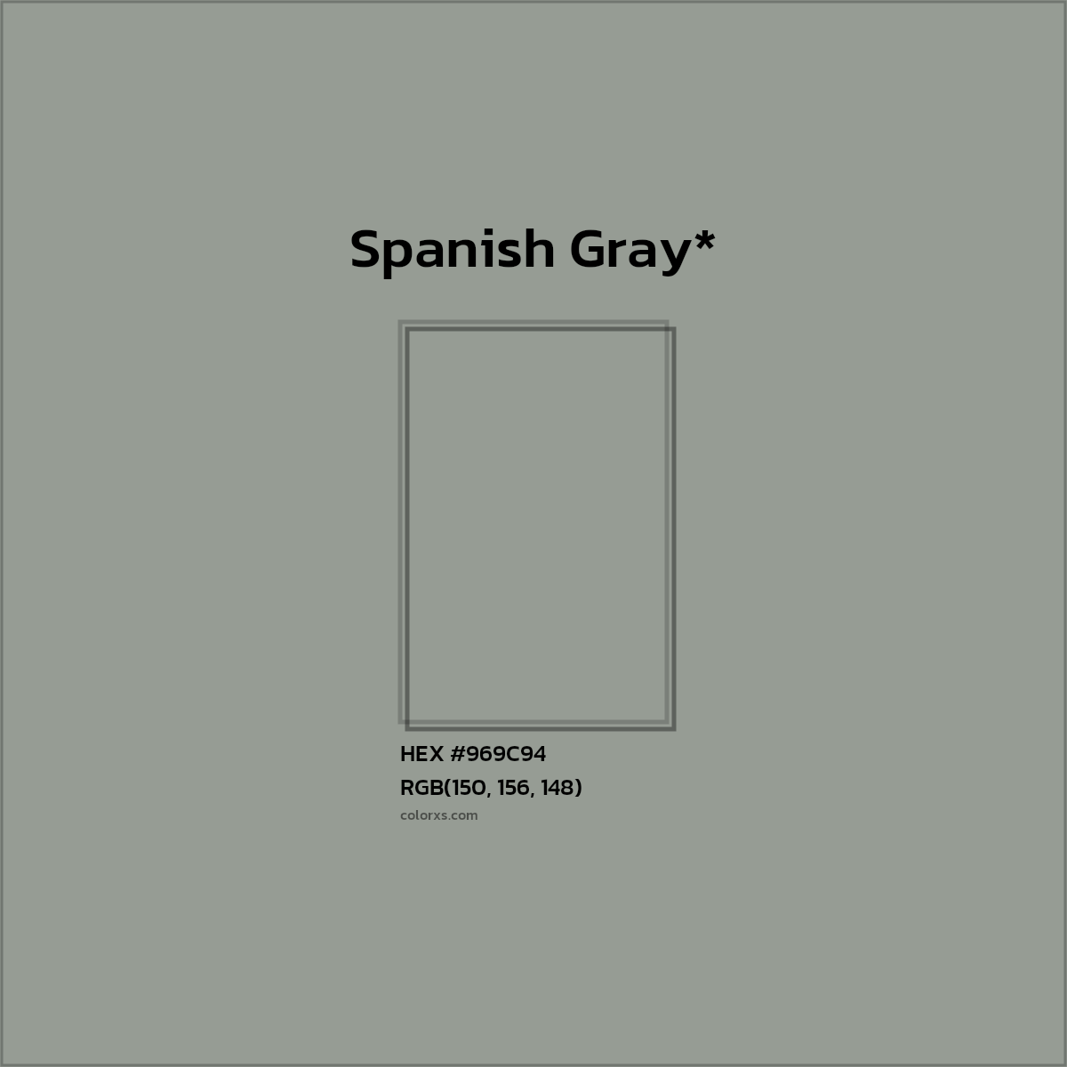 #969C94 hex color. RGB, RYB, CMYK, HSL, HSV codes and color conversions. Matching color names, palettes, paints.