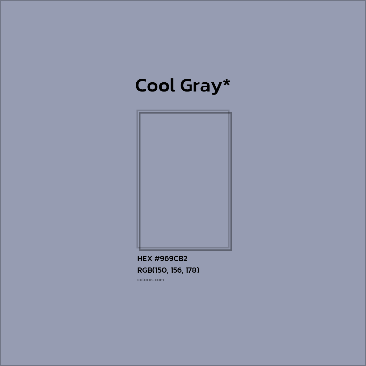 #969CB2 hex color. RGB, RYB, CMYK, HSL, HSV codes and color conversions. Matching color names, palettes, paints.