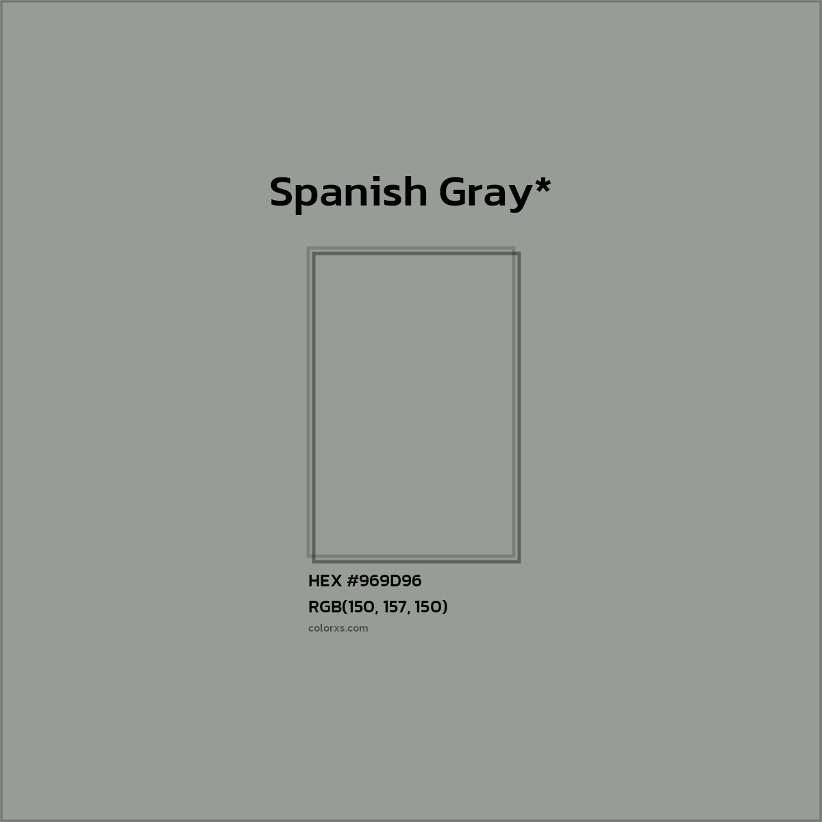 #969D96 hex color. RGB, RYB, CMYK, HSL, HSV codes and color conversions. Matching color names, palettes, paints.