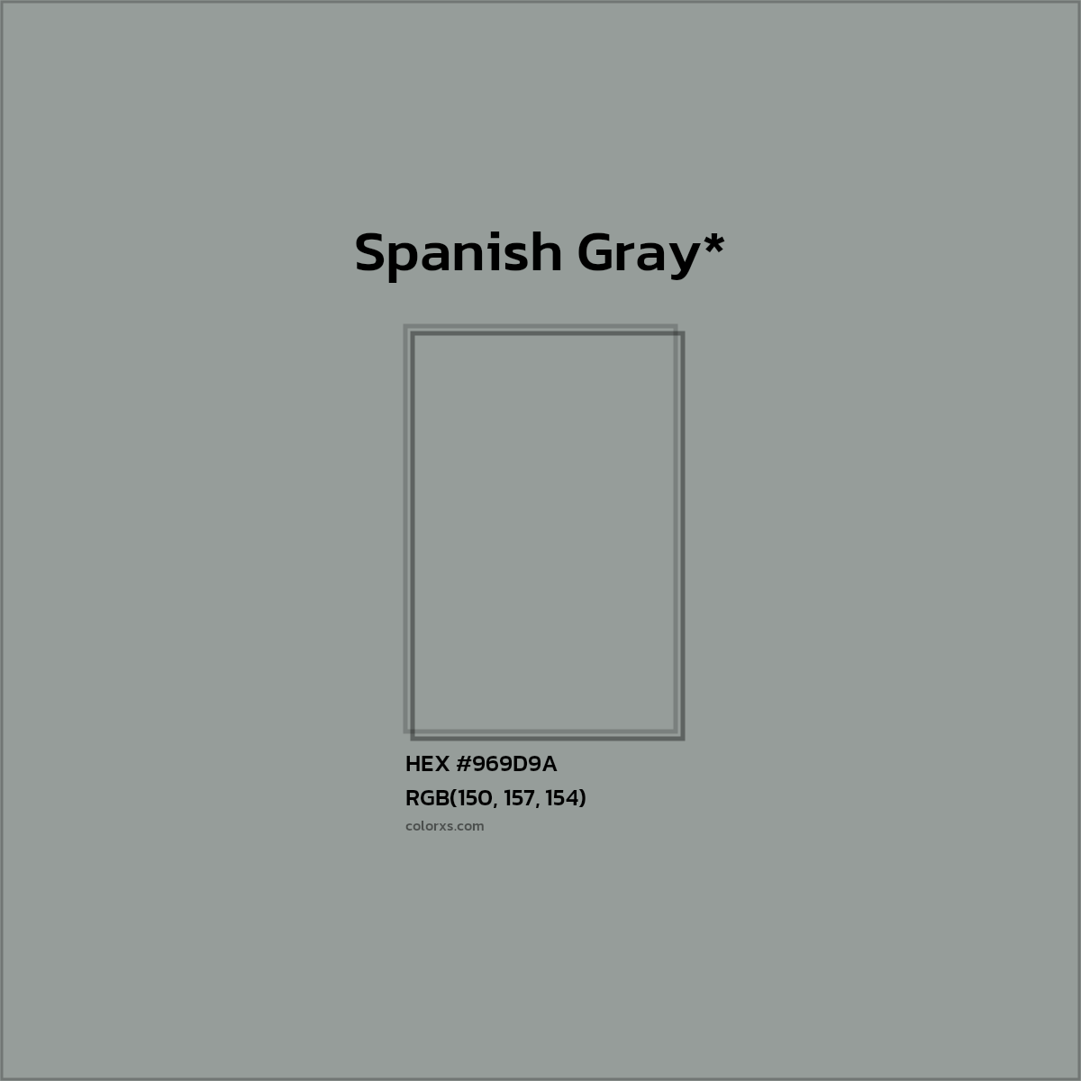 #969D9A hex color. RGB, RYB, CMYK, HSL, HSV codes and color conversions. Matching color names, palettes, paints.