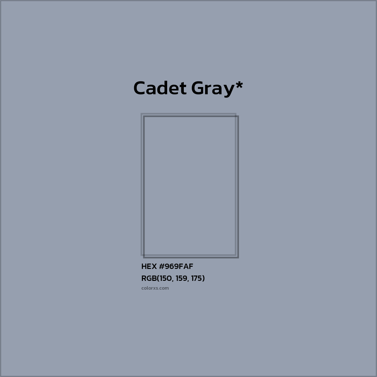 #969FAF hex color. RGB, RYB, CMYK, HSL, HSV codes and color conversions. Matching color names, palettes, paints.