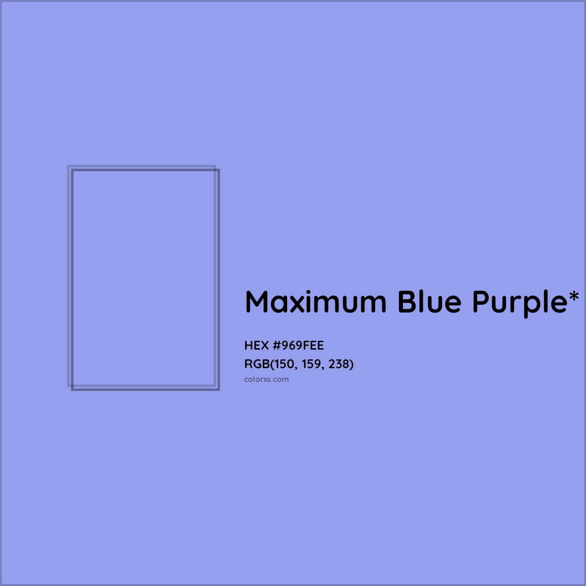 #969FEE hex color. RGB, RYB, CMYK, HSL, HSV codes and color conversions. Matching color names, palettes, paints.